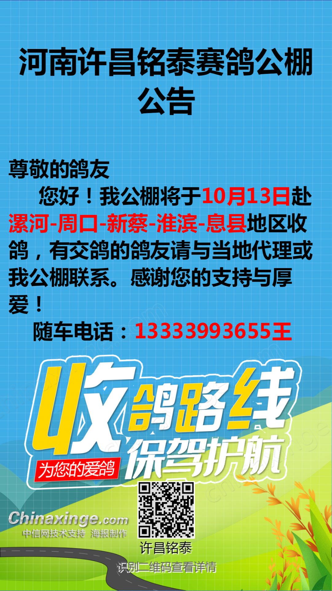 铭桥赛鸽公棚最新公告发布